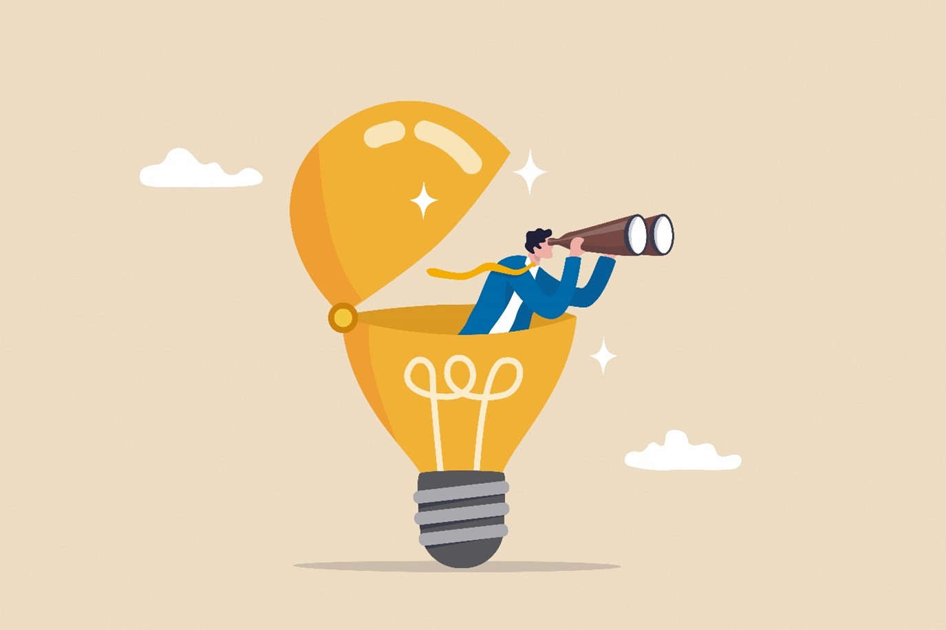 Illustration of a person looking through binoculars while standing inside an open light bulb.