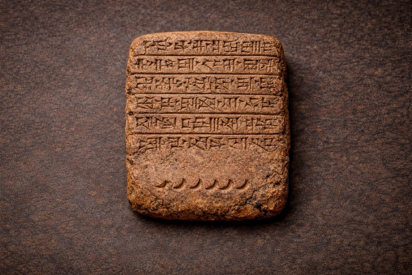 An ancient clay tablet featuring cuneiform script arranged in horizontal lines across the upper portion and a series of curved indentations along the bottom.