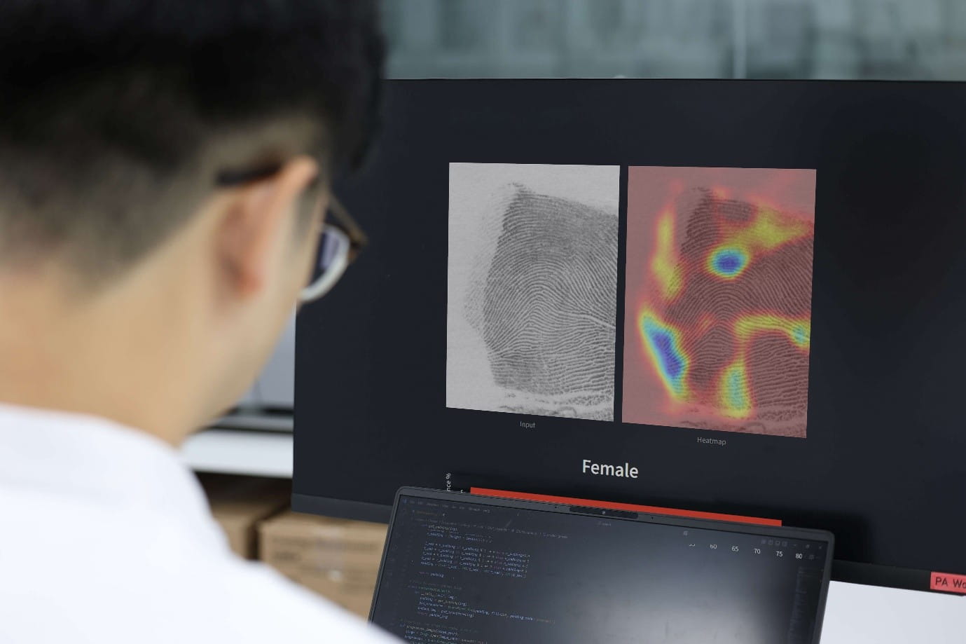 A man facing a computer screen with an image of fingerprints and heat maps.